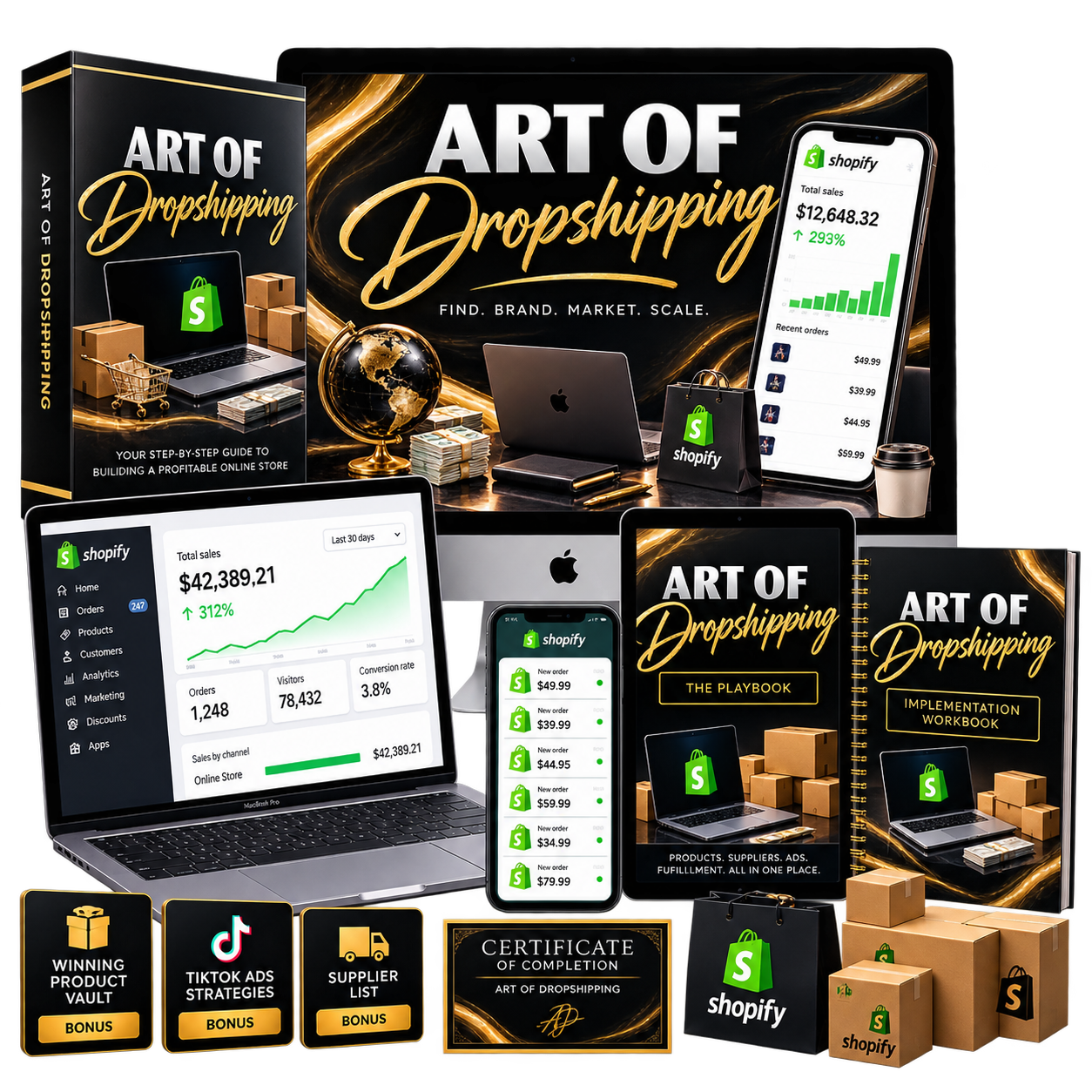 Art of Dropshipping course bundle: playbook, workbook, Shopify dashboards and bonuses